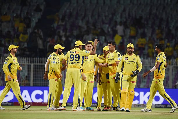 Anshul Kamboj of Chennai Super Kings celebrates the wicket of Rahmanullah Gurbaz of Kolkata Knight Riders with teammates during the Indian Premier League cricket match between Kolkata Knight Riders and Chennai Super Kings at Eden Gardens in Kolkata, India, on May 7, 2025.